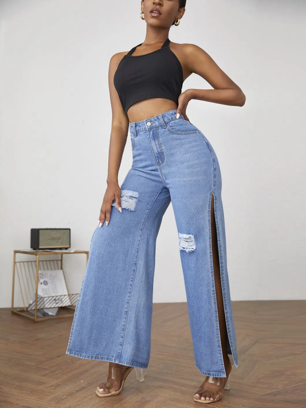 Middle Blue Color Wide Leg High Split on Both Side with Scratch on Front High Wasited Women New Fashion Design Denim Jeans